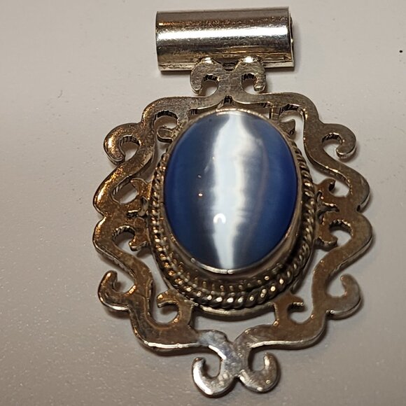 Vintage 925 Sterling Silver Large Cat's Eye Glass Pendant - Picture 7 of 7